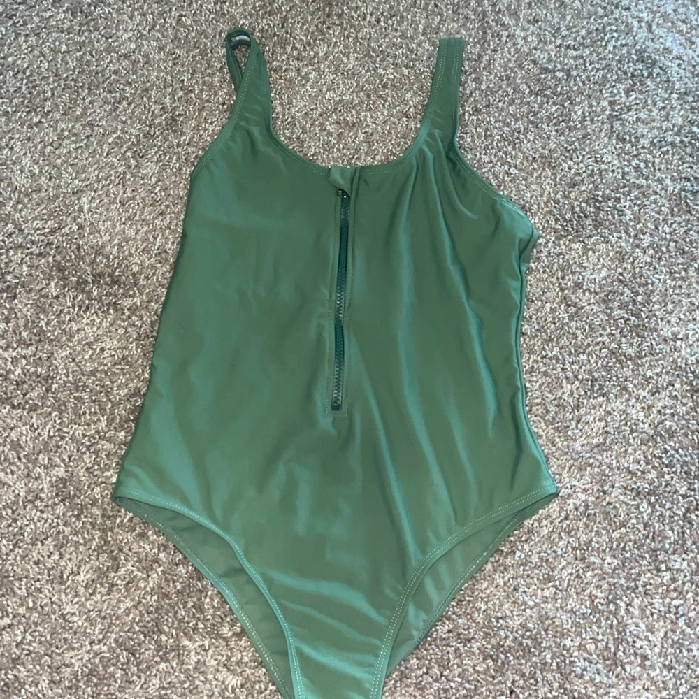 Green One-Piece Zippered Front Swimsuit